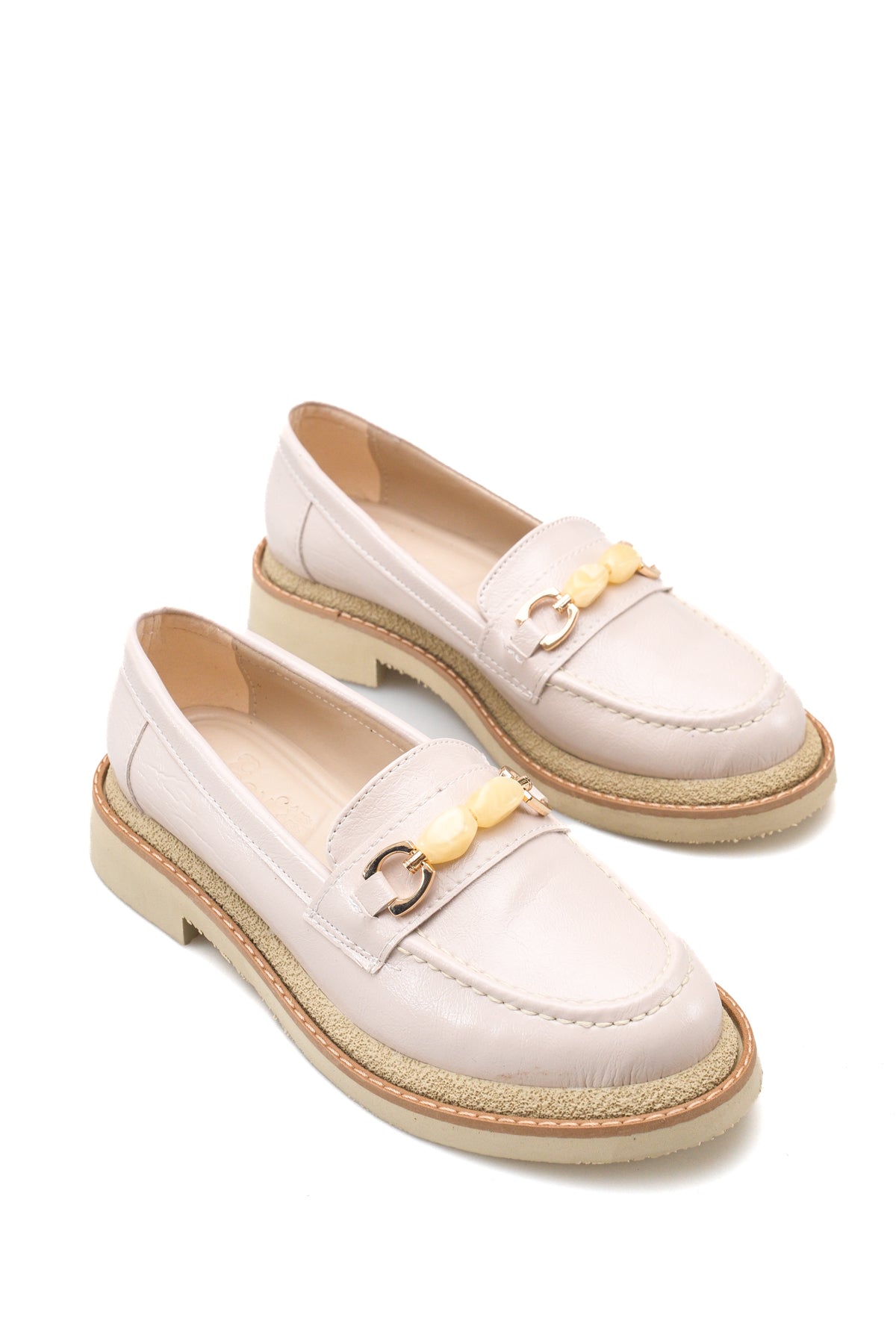 Riccon Lyra Viven Kadın Loafer 0012505 Bej Kırışık Rugan