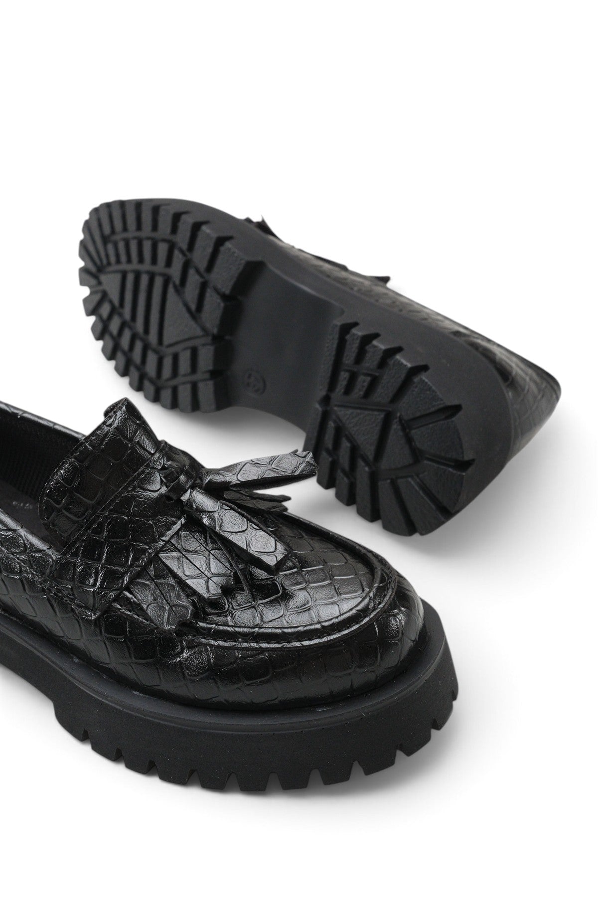 Riccon Vela Sola Kadın Loafer 0012302 Siyah Kroko