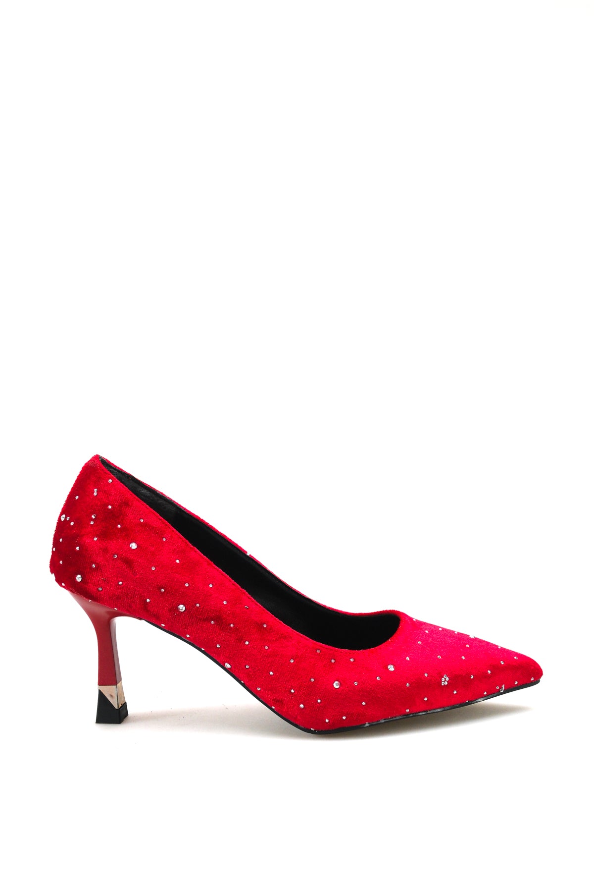 Riccon Vela Viven Kadın Sivri Burunlu Topuklu Ayakkabı 0012227 Kırmızı Kadife