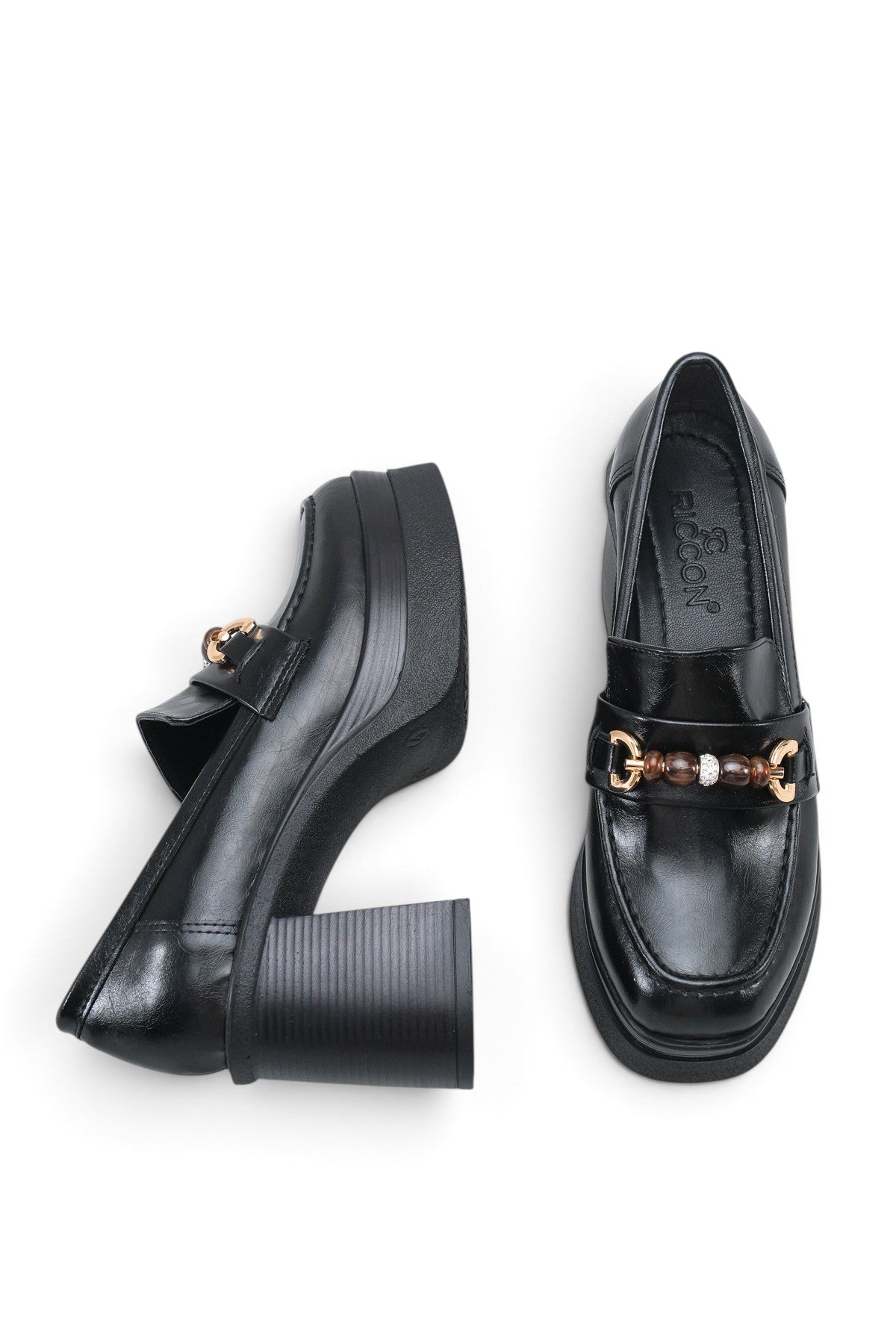 Riccon Vesper Luce Kadın Topuklu Loafer 0012593 Siyah Rustik